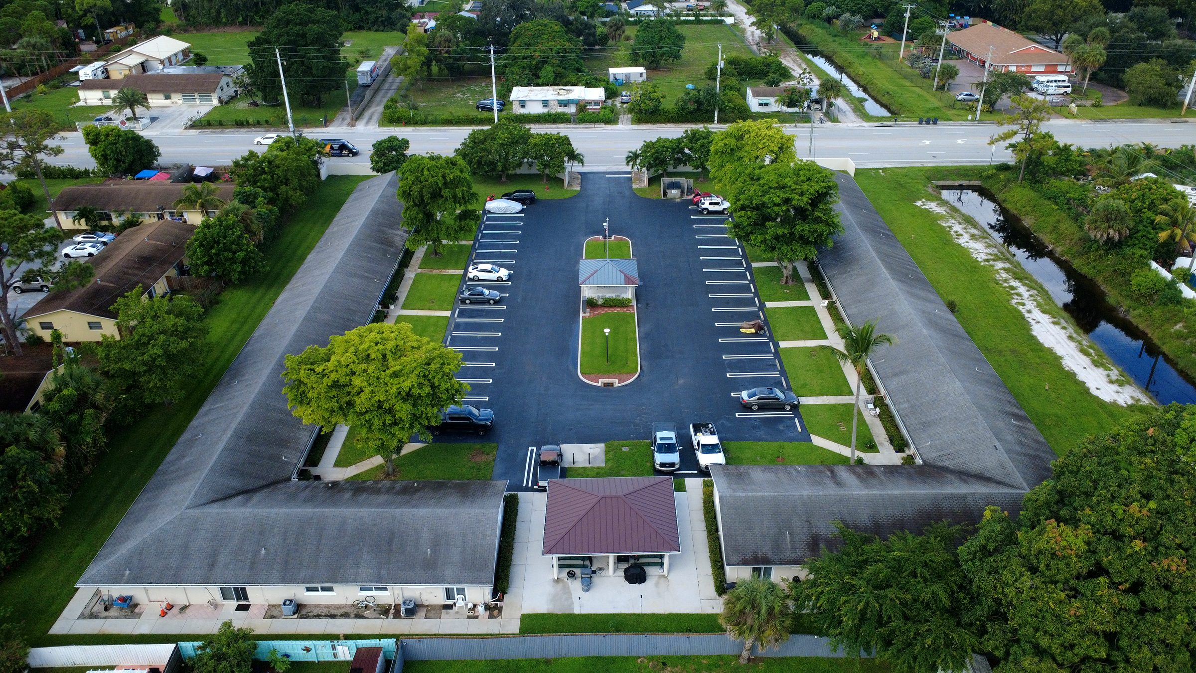 Aerial view across the Hamilton Campus courtyard toward the pavilion