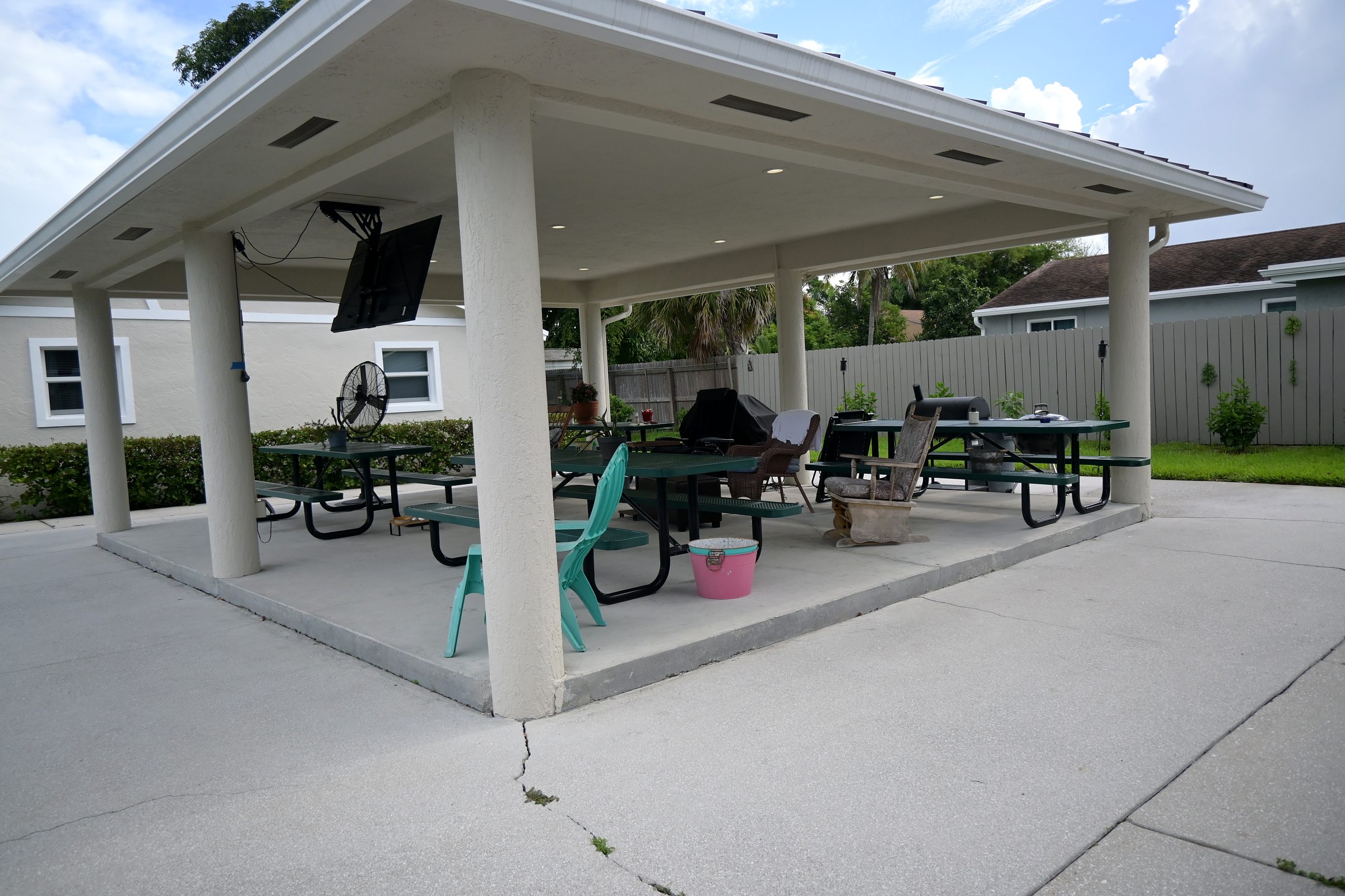 Covered pavilion with picnic tables at the Hamilton Campus